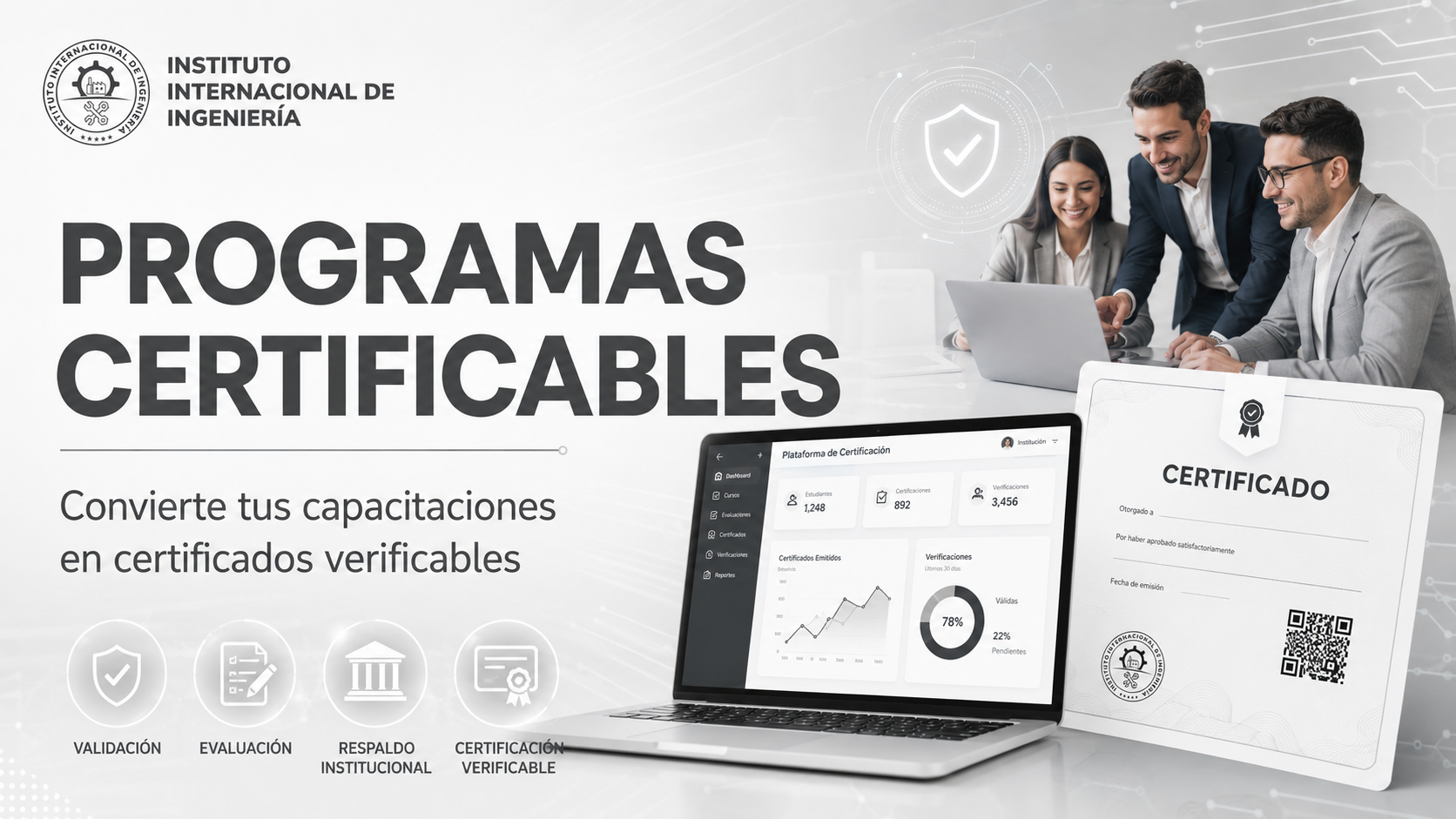 Portada tecnológica sobre programas certificables, certificados verificables y validación institucional para capacitaciones con respaldo 3i