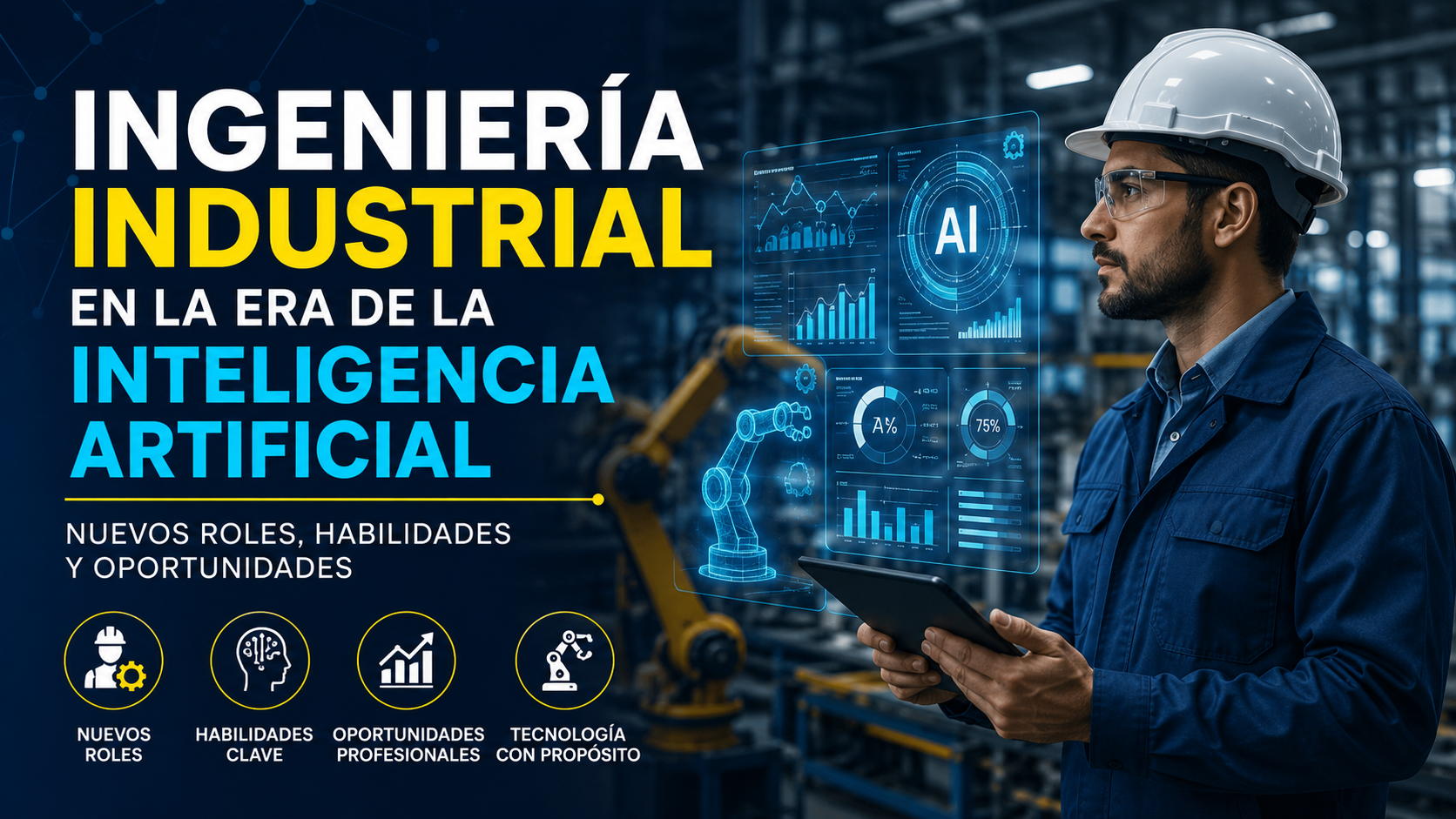 Ingeniero industrial utilizando inteligencia artificial y análisis de datos en una fábrica automatizada.
