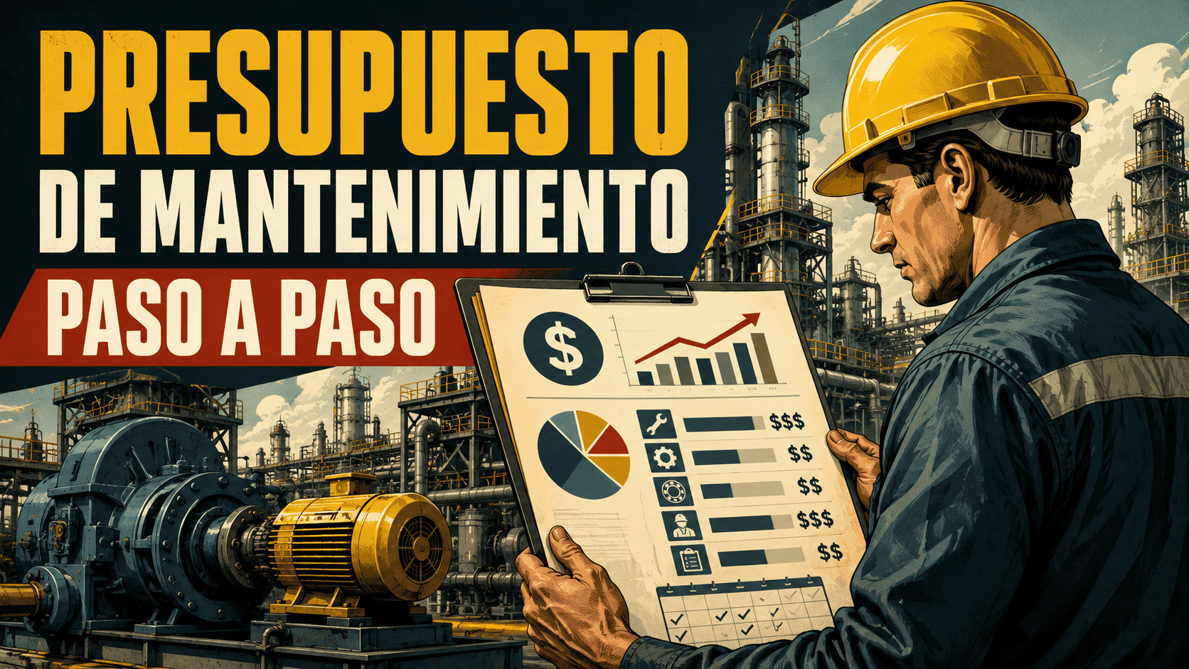 Ingeniero industrial revisando un presupuesto de mantenimiento con gráficos de costos en una planta industrial