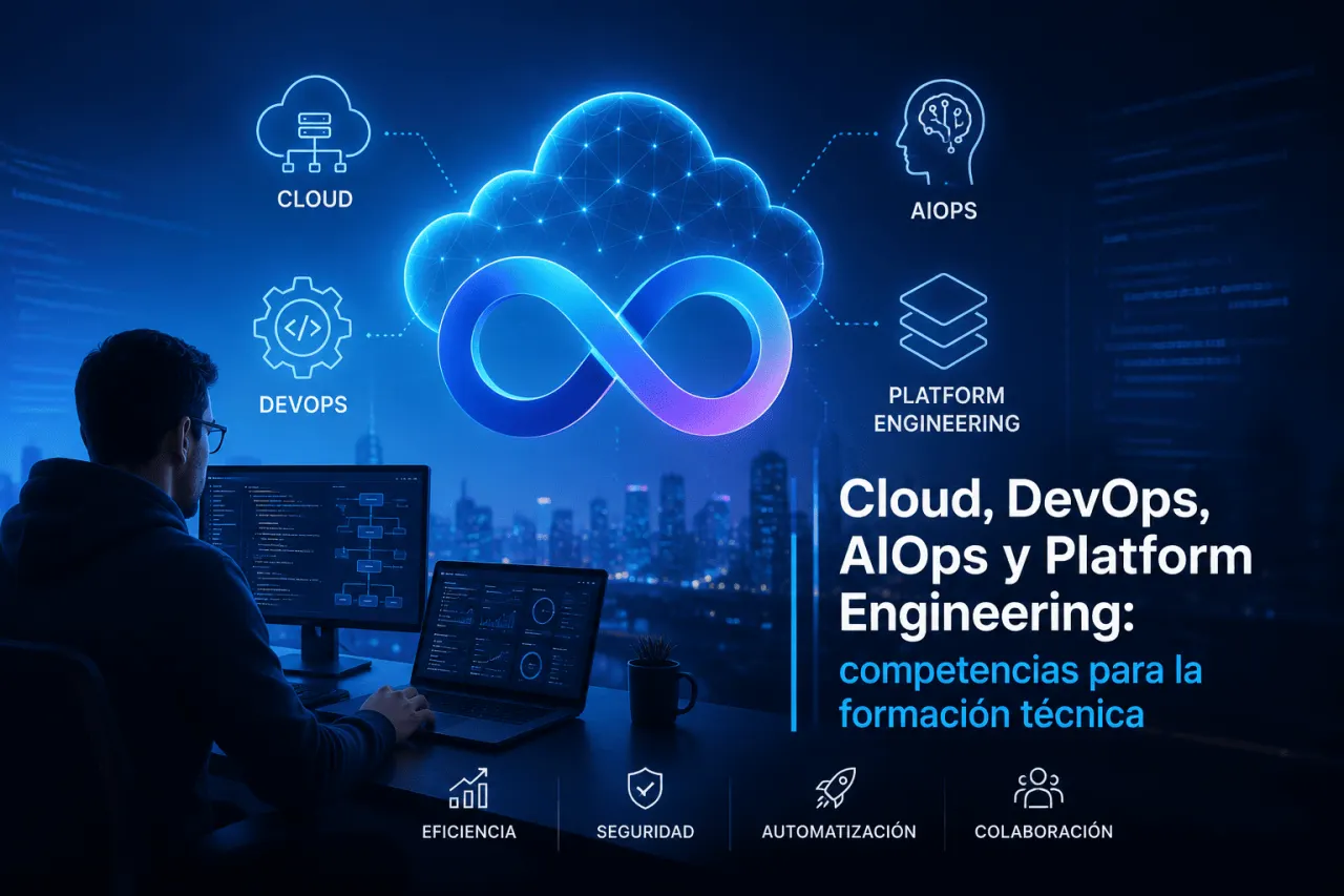 Ilustración sobre Cloud, DevOps, AIOps y Platform Engineering para la formación técnica