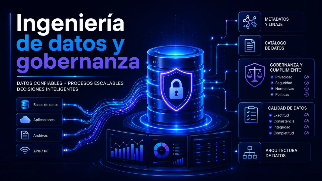 Ilustración sobre ingeniería de datos y gobernanza, con calidad, seguridad, linaje y arquitectura de datos