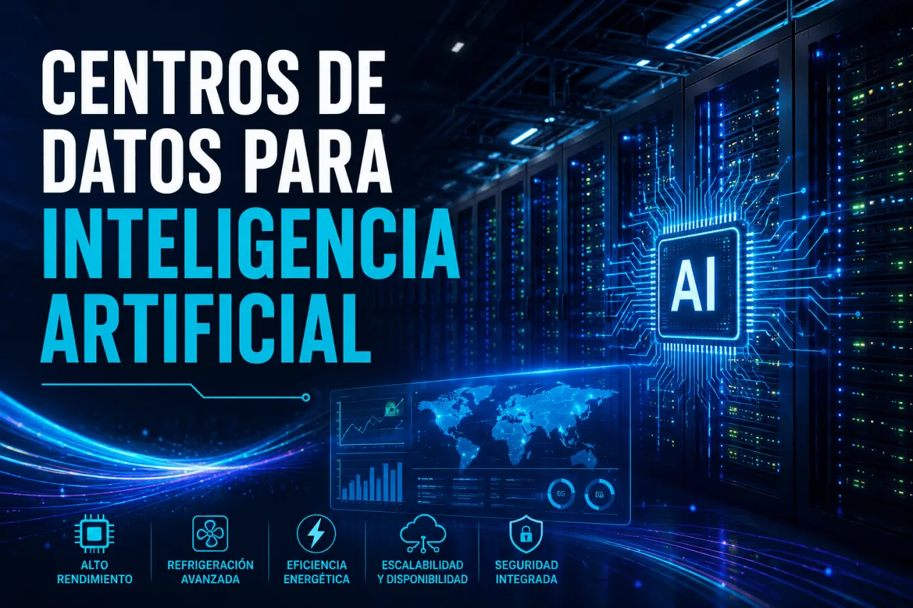 Centro de datos para inteligencia artificial con servidores de alto rendimiento, infraestructura tecnológica y procesamiento de IA.
