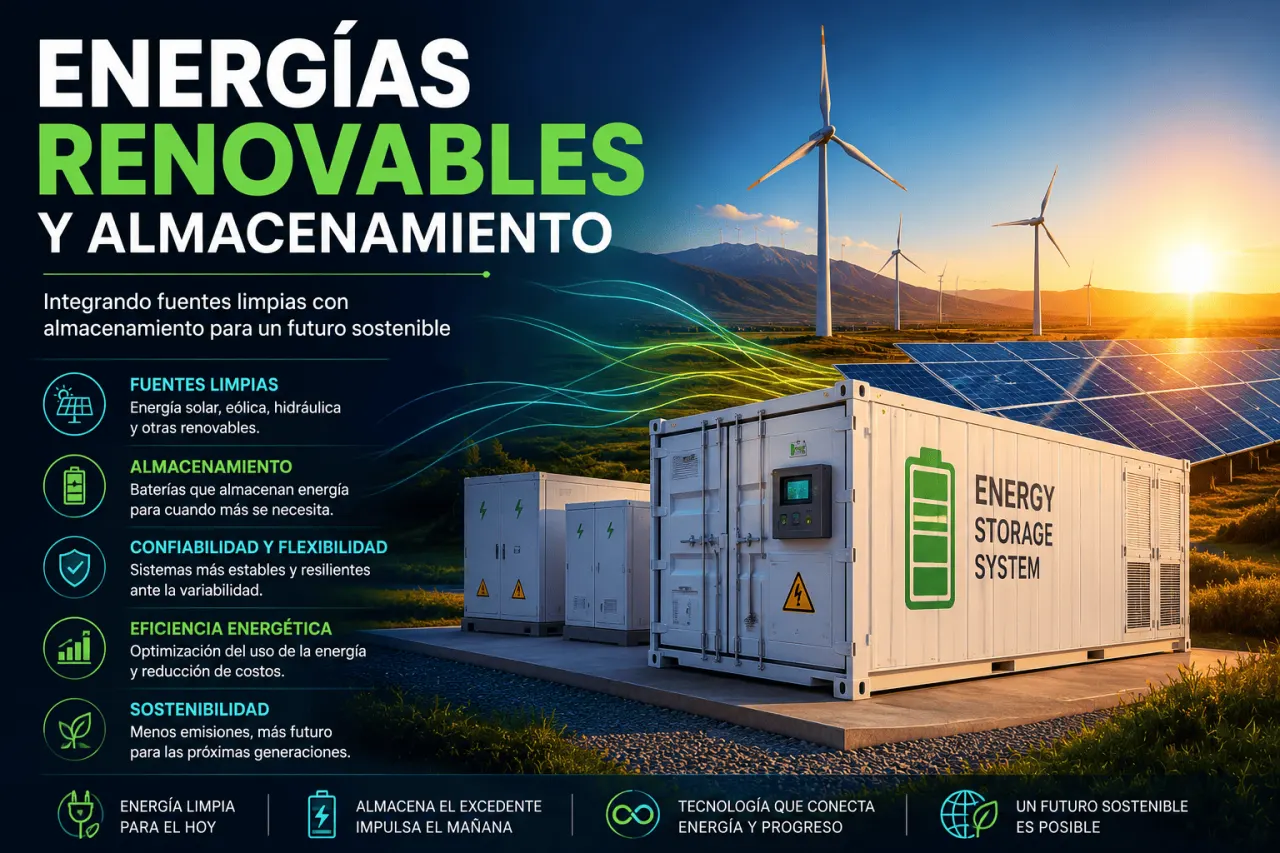 Energías renovables y almacenamiento mediante paneles solares, aerogeneradores y sistemas de baterías BESS.
